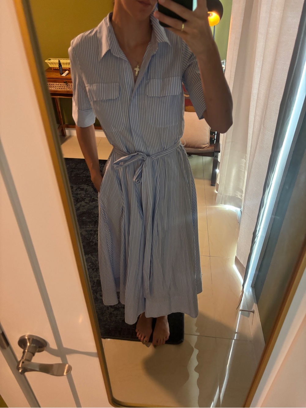 Striped Tie-Waist Shirt Dress in Light Blue